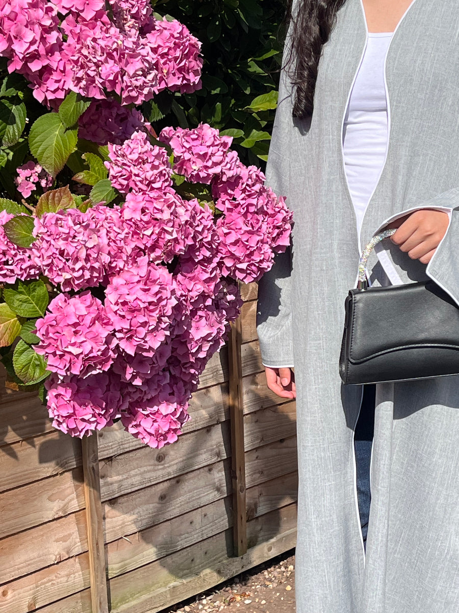 Clearance - Open wavy linen Abaya -Grey(no bow on sleeve)