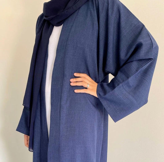 Open linen Abaya set - 52 Blue SALE