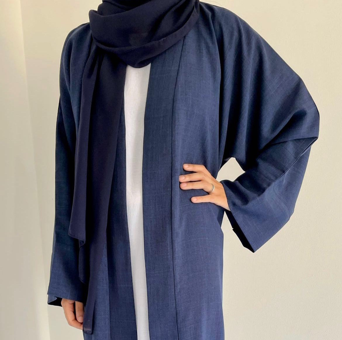 Open linen Abaya set - 52 Blue SALE