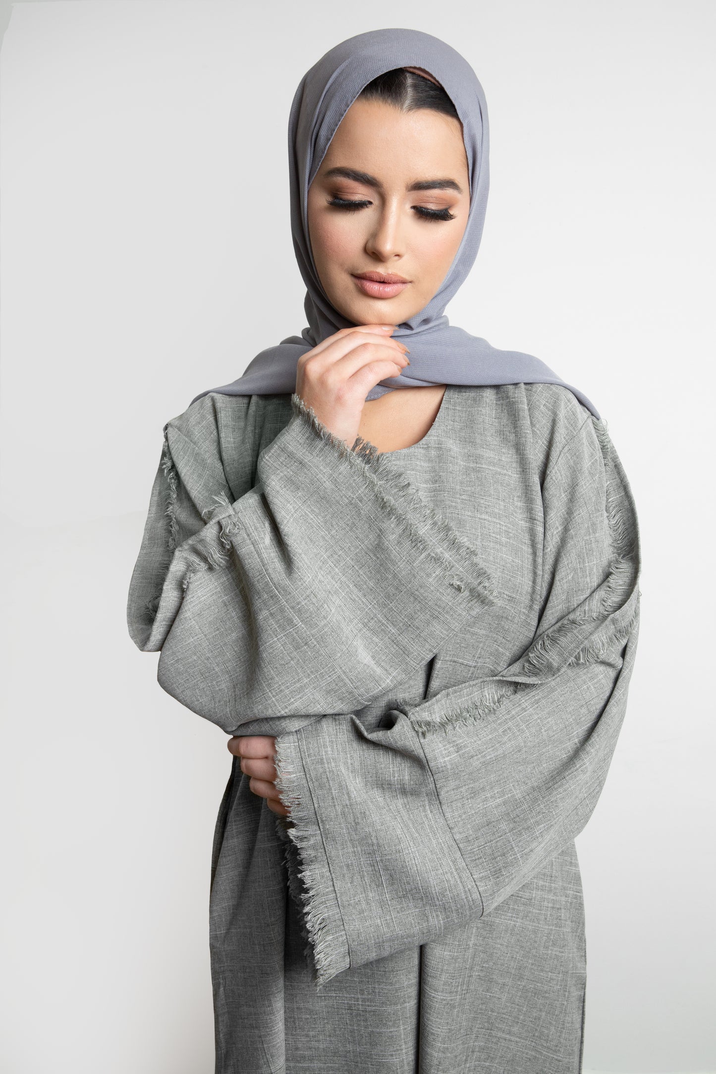 Frayed Linen Abaya- Grey  SALE